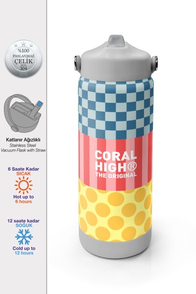 Coral High Çok Renkli Dama Çizgi Puantiye Desenli Katlanır Ağızlıklı Çelik Termos 650 ml 38304 - 1