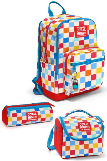 Coral High Çok Renkli Dama Desenli 3’lü Okul Çanta Seti SET0133225 