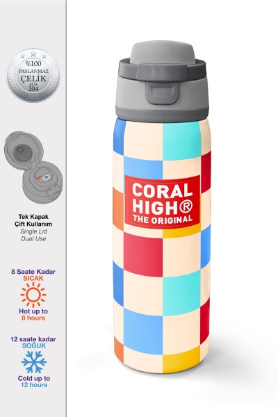 Coral High Çok Renkli Dama Desenli Pipetli ve Direkt İçim Çelik Termos 800 ml 38503 - 1