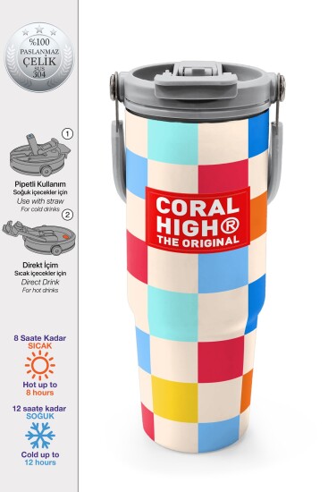Coral High Çok Renkli Dama Desenli Pipetli ve Direkt İçim Çelik Termos 900 ml 38702 - Coral High