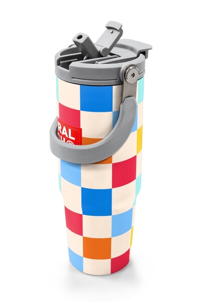 Coral High Çok Renkli Dama Desenli Pipetli ve Direkt İçim Çelik Termos 900 ml 38702 - 2