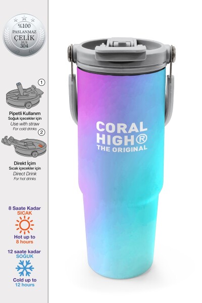 Coral High Çok Renkli Desenli Pipetli ve Direkt İçim Çelik Termos 900 ml 38737 - 1
