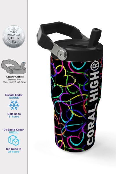 Coral High Çok Renkli Kalp Desenli Katlanır Ağızlıklı Çelik Termos 600 ml 38915 - 1