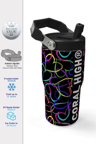 Coral High Çok Renkli Kalp Desenli Katlanır Ağızlıklı Çelik Termos 600 ml 38915 - Coral High