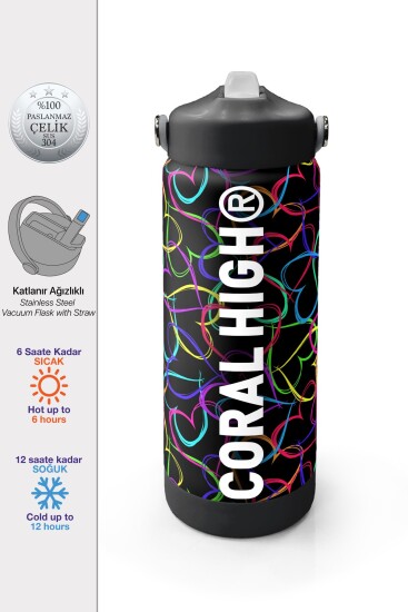 Coral High Çok Renkli Kalp Lavanta Kamuflaj Desenli Katlanır Ağızlıklı Çelik Termos 650 ml 38382 - 1