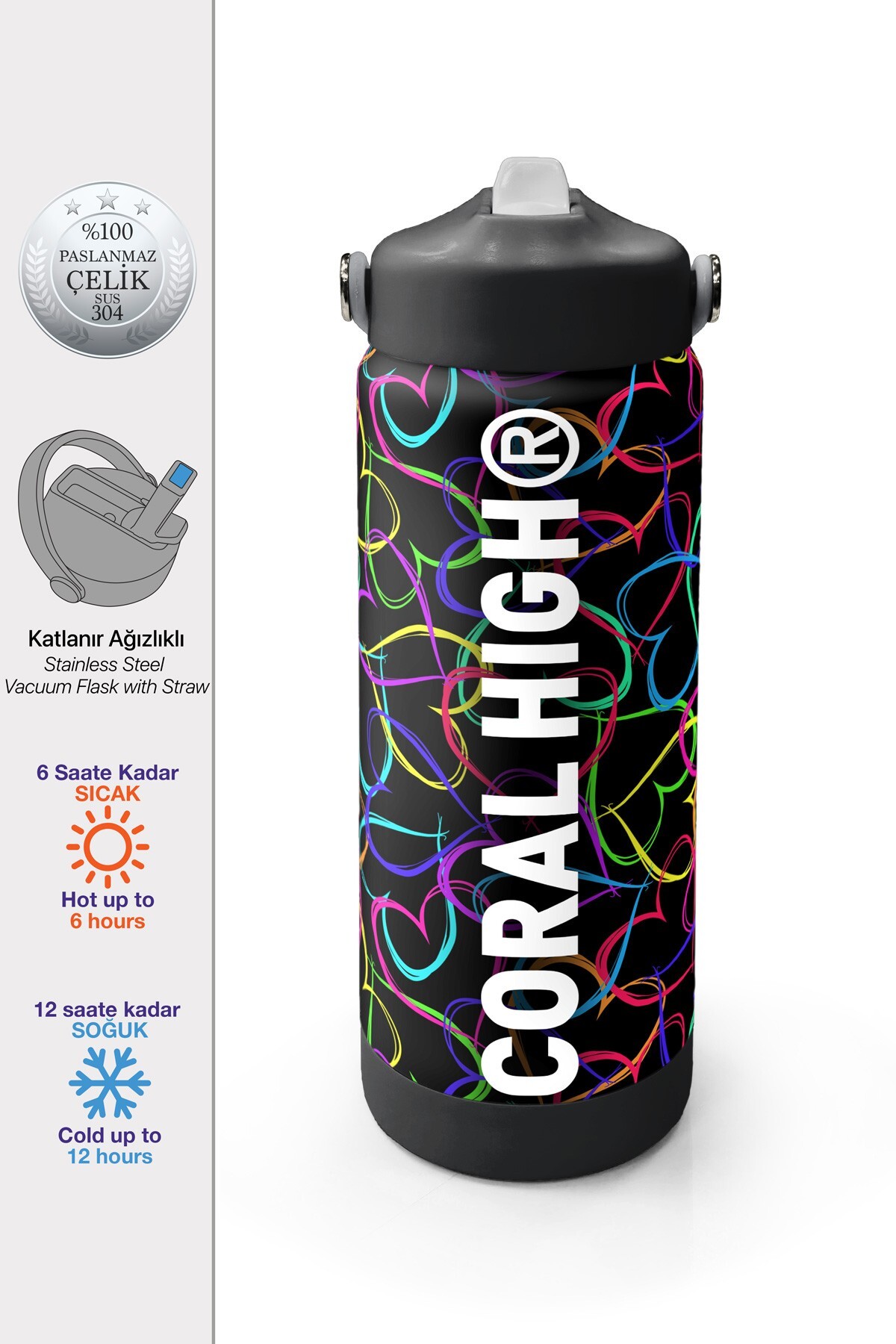 Coral High Çok Renkli Kalp Lavanta Kamuflaj Desenli Katlanır Ağızlıklı Çelik Termos 650 ml 38382