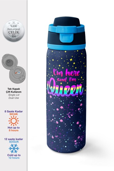 Coral High Çok Renkli Lacivert Desenli Pipetli ve Direkt İçim Çelik Termos 800 ml 38524 