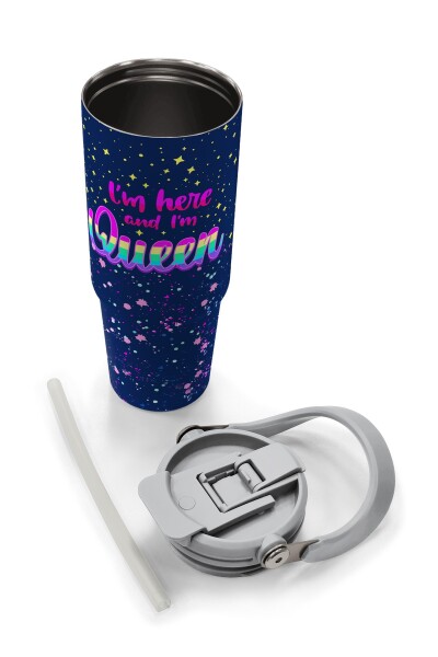 Coral High Çok Renkli Lacivert Desenli Pipetli ve Direkt İçim Çelik Termos 900 ml 38710 - 8