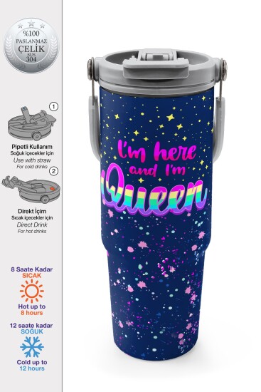 Coral High Çok Renkli Lacivert Desenli Pipetli ve Direkt İçim Çelik Termos 900 ml 38710 - 1