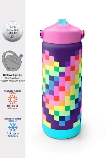 Coral High Çok Renkli Piksel Kalp Desenli Katlanır Ağızlıklı Çelik Termos 650 ml 38308 - 1