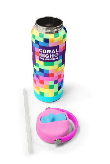 Coral High Çok Renkli Piksel Kalp Desenli Katlanır Ağızlıklı Çelik Termos 650 ml 38308 - 5