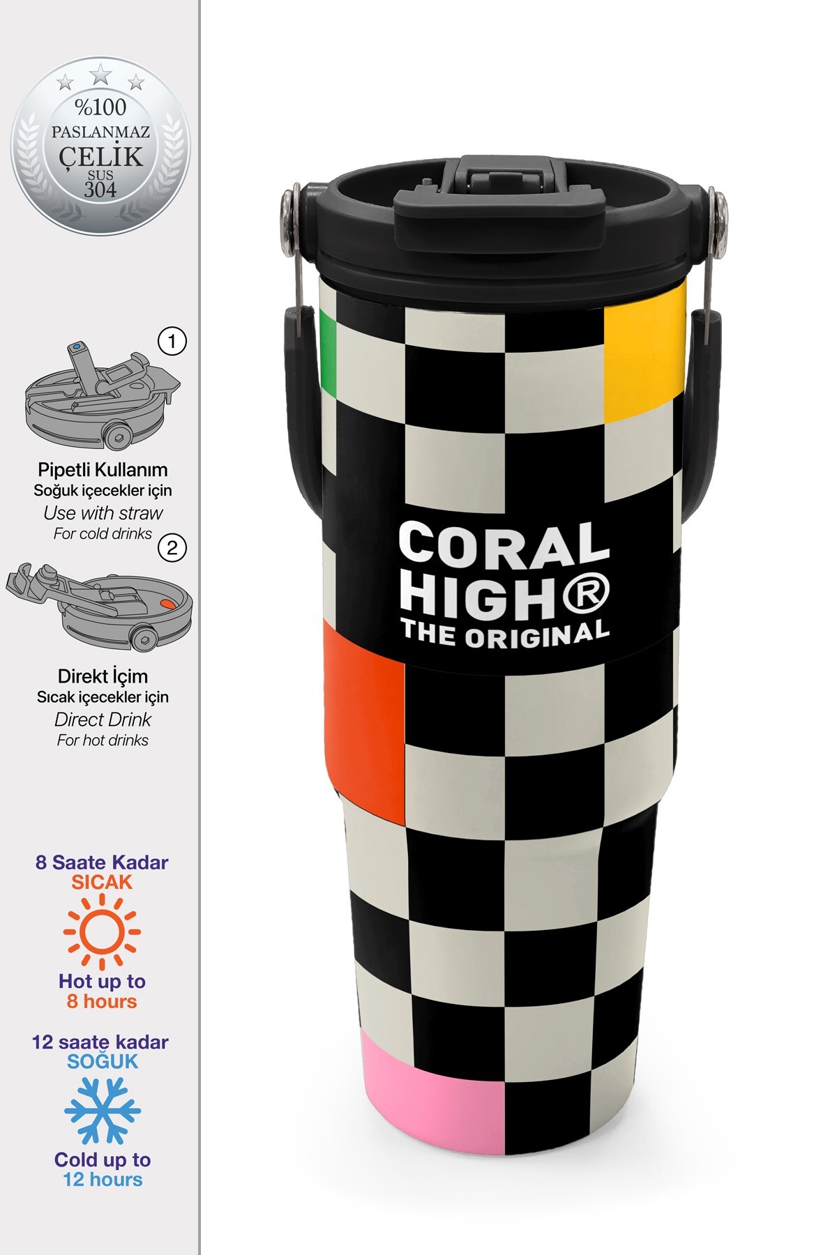 Coral High Dama Desenli Pipetli ve Direkt İçim Çelik Termos 900 ml 38703