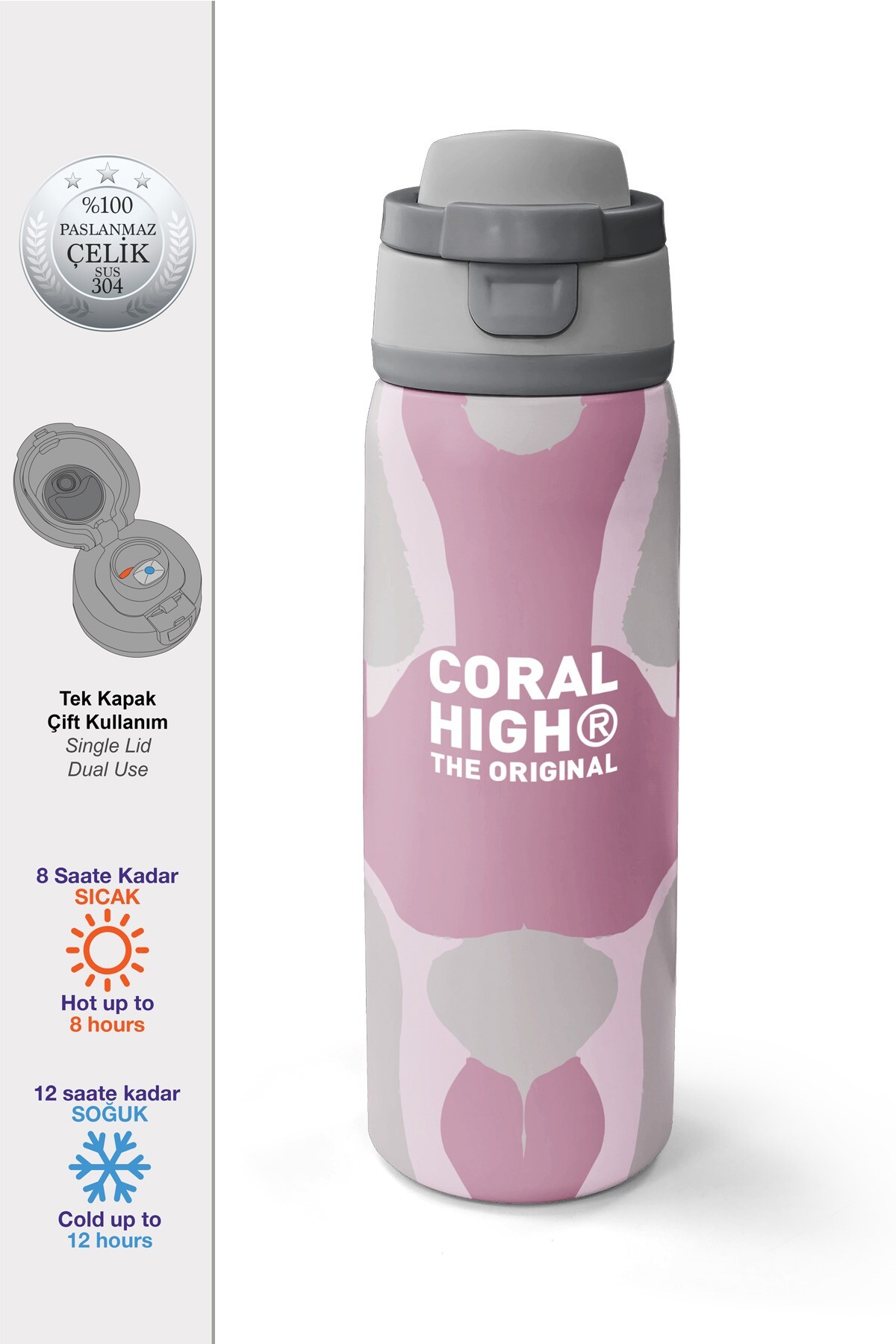 Coral High Desenli Pipetli ve Direkt İçim Çelik Termos 800 ml 38579