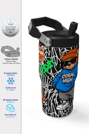 Coral High Grafiti Ayıcık Desenli Katlanır Ağızlıklı Çelik Termos 600 ml 38906 - Coral High