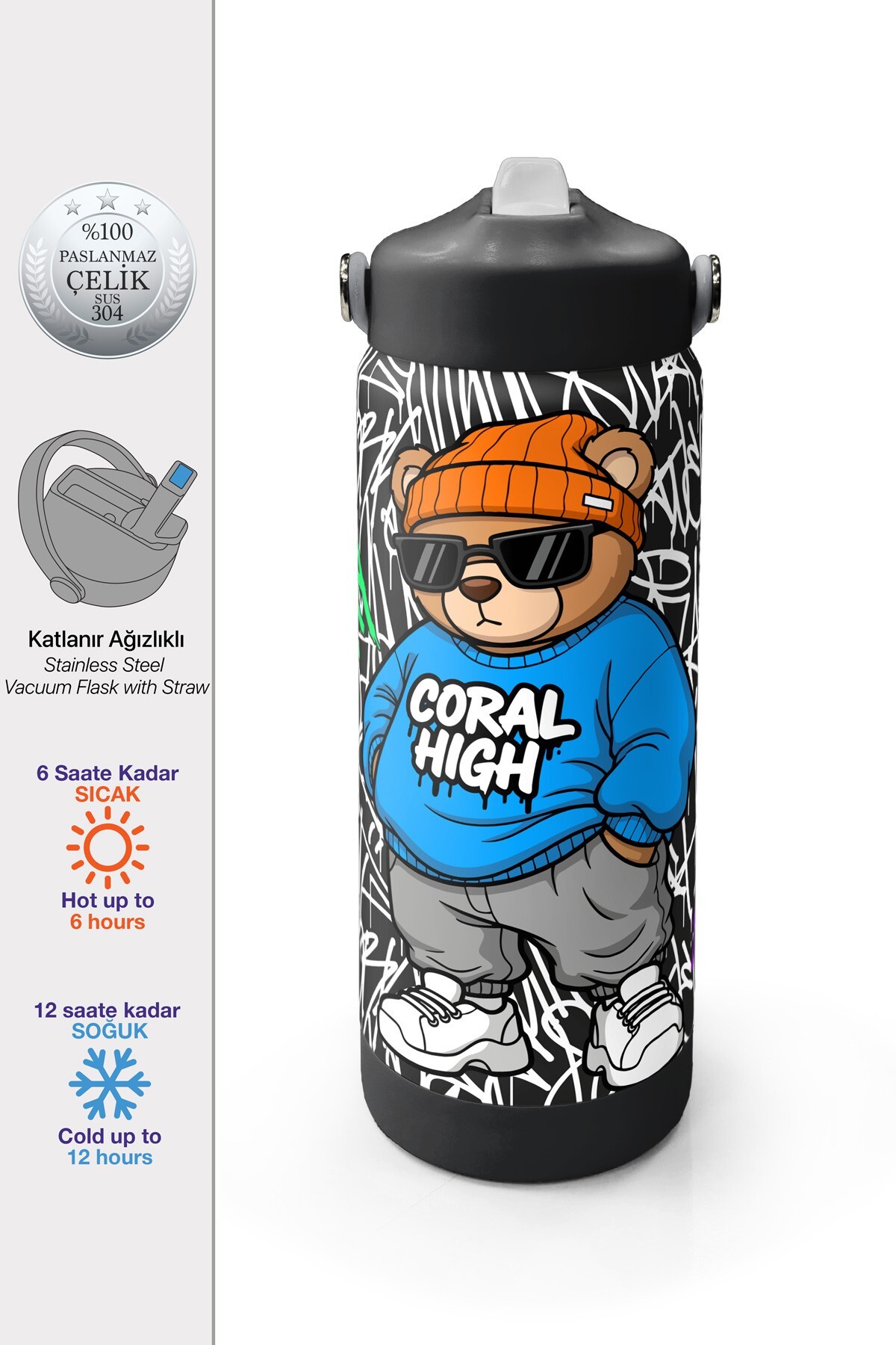 Coral High Grafiti Ayıcık Desenli Katlanır Ağızlıklı Çelik Termos 650 ml 38332