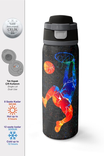 Coral High Gri Basketbol Desenli Pipetli ve Direkt İçim Çelik Termos 800 ml 38532 