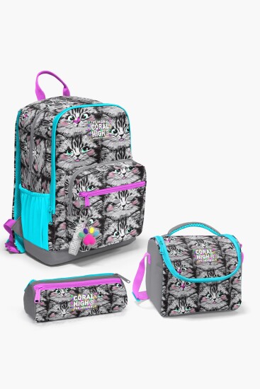 Coral High Gri Kedi Desenli 3’lü Okul Çanta Seti SET0123638 - Coral High