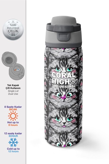 Coral High Gri Kedi Desenli Pipetli ve Direkt İçim Çelik Termos 800 ml 38527 