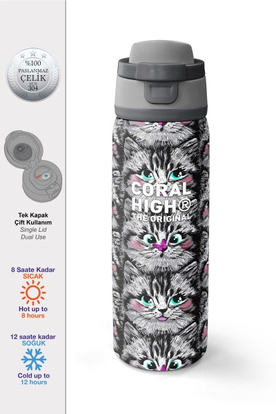 Coral High Gri Kedi Desenli Pipetli ve Direkt İçim Çelik Termos 800 ml 38527 - 1