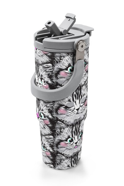 Coral High Gri Kedi Desenli Pipetli ve Direkt İçim Çelik Termos 900 ml 38711 - 2