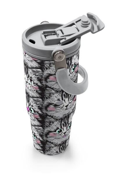 Coral High Gri Kedi Desenli Pipetli ve Direkt İçim Çelik Termos 900 ml 38711 - 3