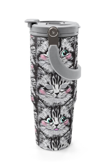 Coral High Gri Kedi Desenli Pipetli ve Direkt İçim Çelik Termos 900 ml 38711 - 5