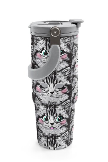 Coral High Gri Kedi Desenli Pipetli ve Direkt İçim Çelik Termos 900 ml 38711 - 6