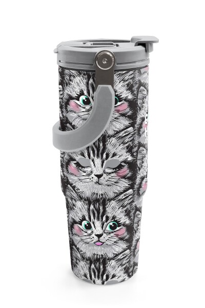 Coral High Gri Kedi Desenli Pipetli ve Direkt İçim Çelik Termos 900 ml 38711 - 6