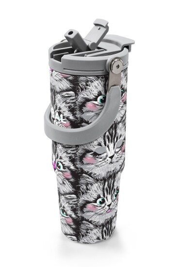 Coral High Gri Kedi Desenli Pipetli ve Direkt İçim Çelik Termos 900 ml 38711 - 2