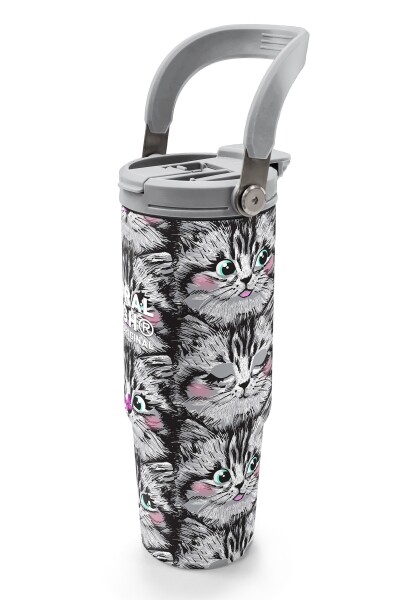Coral High Gri Kedi Desenli Pipetli ve Direkt İçim Çelik Termos 900 ml 38711 - 4