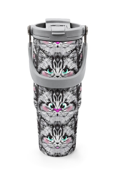 Coral High Gri Kedi Desenli Pipetli ve Direkt İçim Çelik Termos 900 ml 38711 - 7