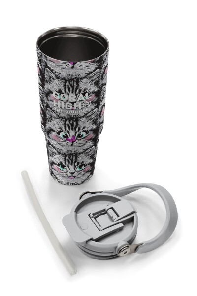 Coral High Gri Kedi Desenli Pipetli ve Direkt İçim Çelik Termos 900 ml 38711 - 8