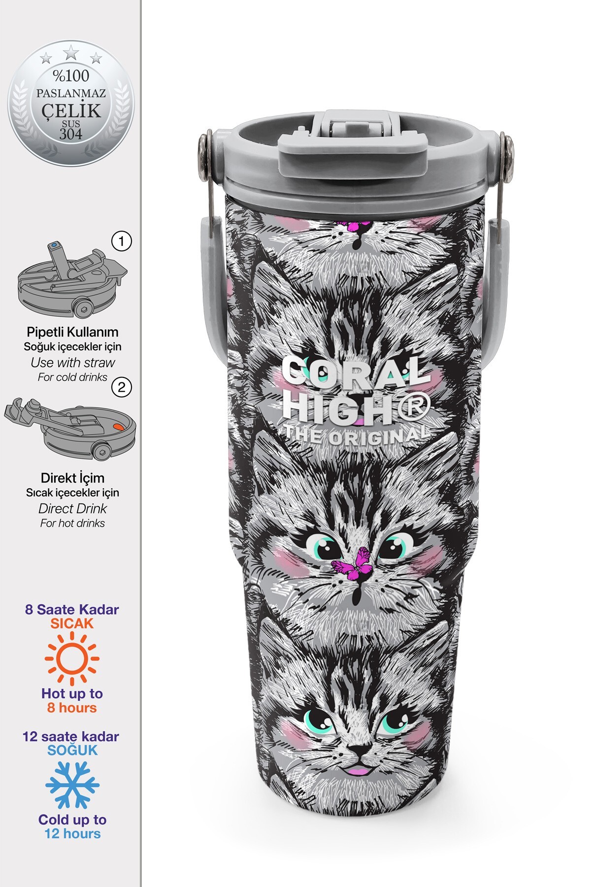Coral High Gri Kedi Desenli Pipetli ve Direkt İçim Çelik Termos 900 ml 38711