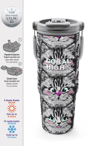Coral High Gri Kedi Desenli Pipetli ve Direkt İçim Çelik Termos 900 ml 38711 - 1