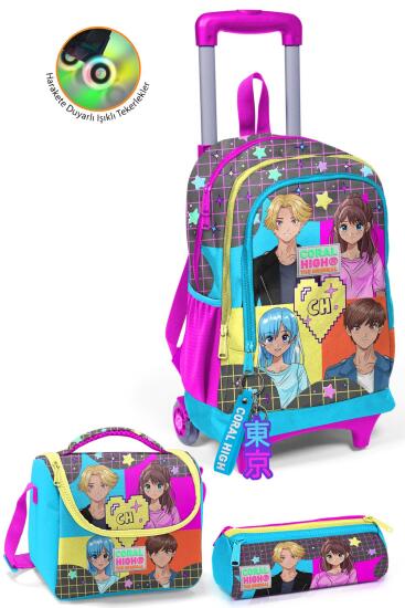 Coral High Gri Mavi Pembe Anime Desenli Çekçekli 3'lü Çanta Seti SET0123937 