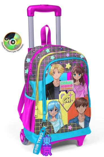 Coral High Gri Mavi Pembe Anime Desenli Üç Bölmeli Çekçekli Okul Sırt Çantası 23937 