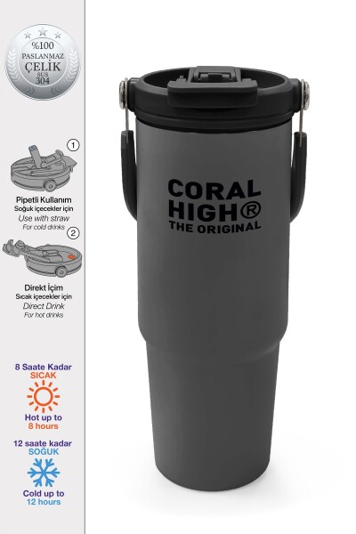 Coral High Gri Pipetli ve Direkt İçim Çelik Termos 900 ml 38759 - 1
