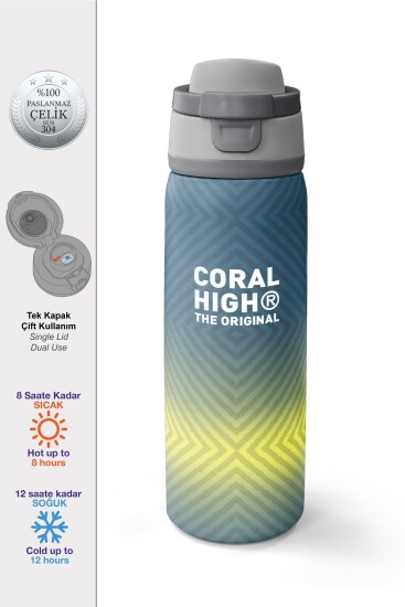 Coral High Gri Sarı Geometrik Desenli Pipetli ve Direkt İçim Çelik Termos 800 ml 38585 - Coral High
