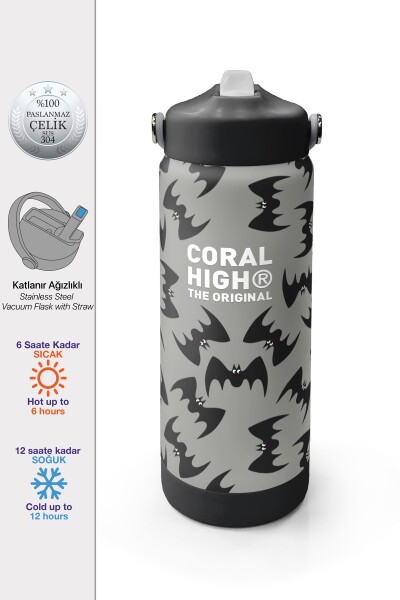 Coral High Gri Siyah Yarasa Desenli Katlanır Ağızlıklı Çelik Termos 650 ml 38326 - 1
