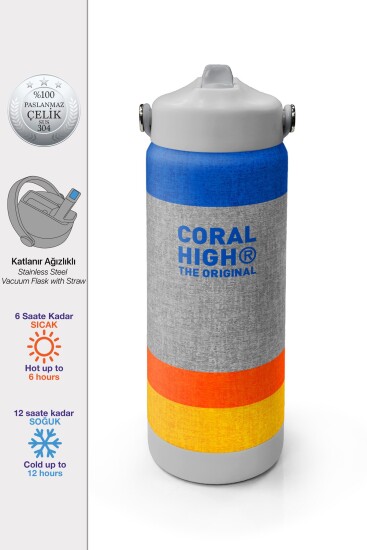 Coral High Gri Turuncu Çizgi Desenli Katlanır Ağızlıklı Çelik Termos 650 ml 38321 