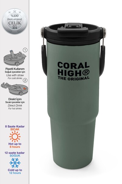Coral High Haki Pipetli ve Direkt İçim Çelik Termos 900 ml 38758 - 1