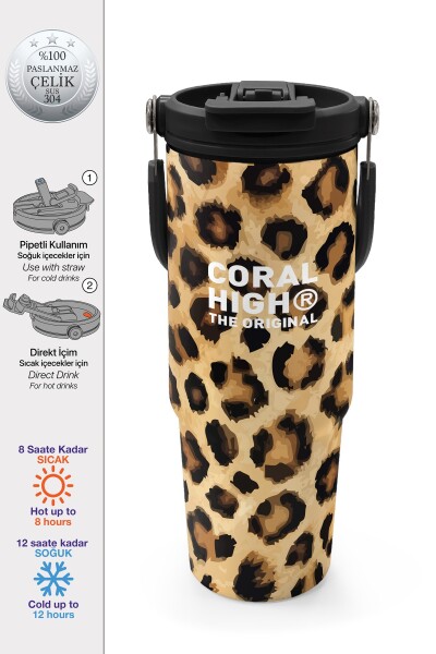 Coral High Kahverengi Leopar Desenli Pipetli ve Direkt İçim Çelik Termos 900 ml 38719 - 1