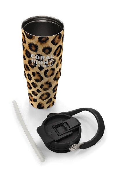 Coral High Kahverengi Leopar Desenli Pipetli ve Direkt İçim Çelik Termos 900 ml 38719 - 8