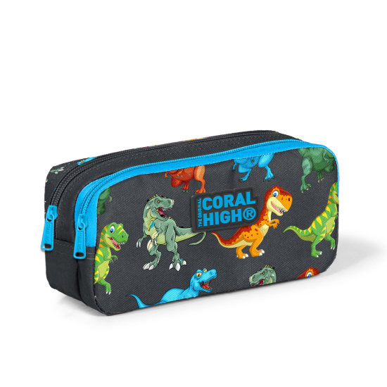Coral High Kids Koyu Gri Mavi Dinozor Desenli İki Bölmeli Kalem Çantası 22286 - 1