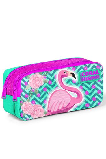 Coral High Kids Su Yeşili Pembe Simli Flamingo Desenli İki Bölmeli Kalem Çantası 22290 - 1