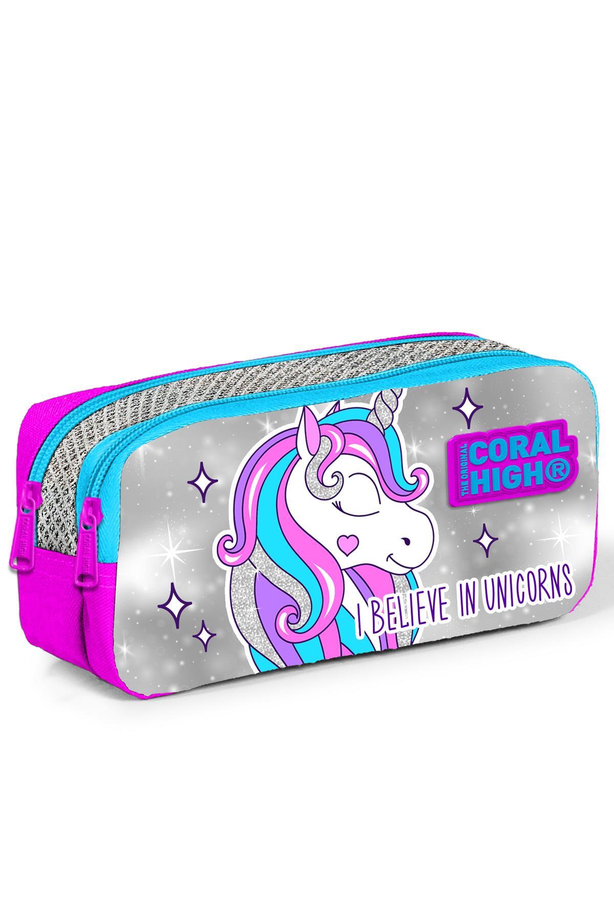 Coral High Kids Pembe Gümüş Simli Unicorn Desenli İki Bölmeli Kalem Çantası 22291
