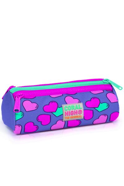 Coral High Kids Lavanta Pembe Kalp Desenli Üç Bölmeli Kalem Çantası 22303 - 1