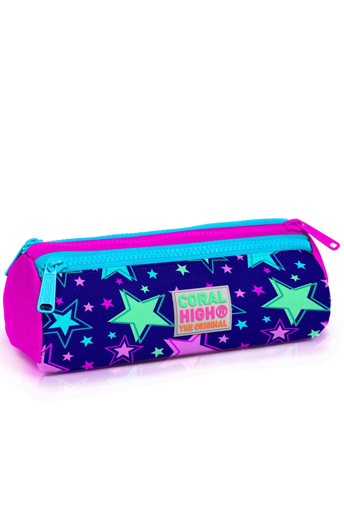 Coral High Kids Saks Pembe Yıldız Desenli Üç Bölmeli Kalem Çantası 22311