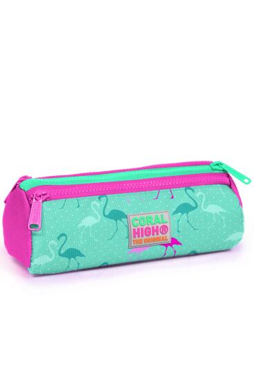Coral High Kids Su Yeşili Neon Pembe Flamingo Desenli Üç Bölmeli Kalem Çantası 22315 