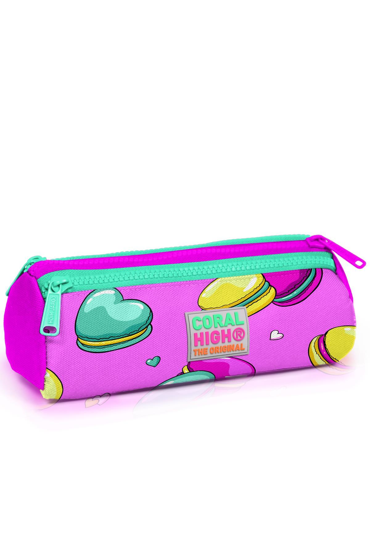 Coral High Kids Açık Pembe Su Yeşili Makaron Desenli Üç Bölmeli Kalem Çantası 22301